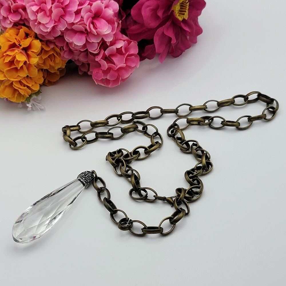Brutalist Marcasite Glass Crystal Drop Pendant Necklace Brass Tone 32" Adj.